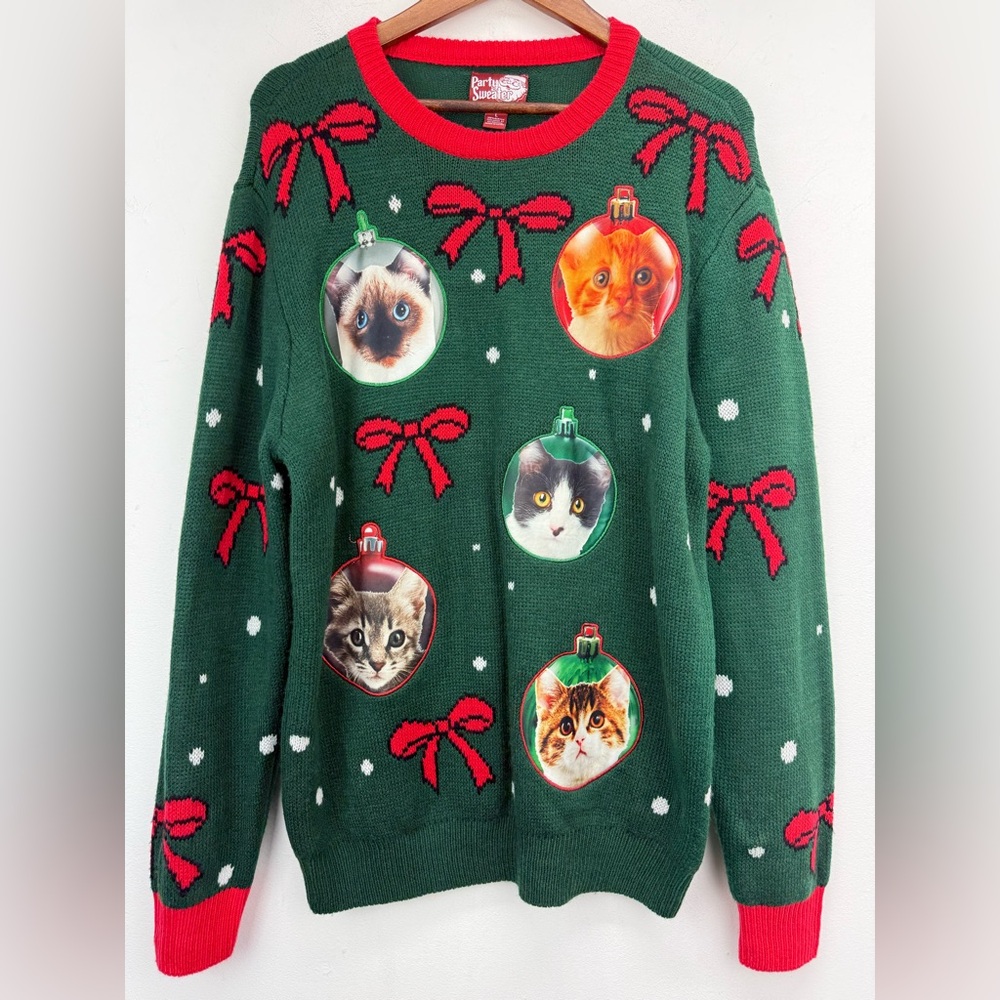 Party Sweater Sz Large Men’s Green Red Cats Kitty Kitten Ugly Christmas Sweater